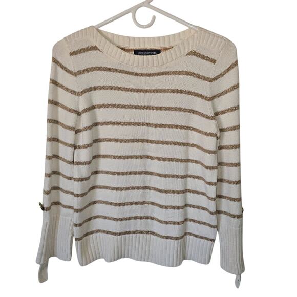 Jones New York Cream Gold Striped Shiny Crew Neck Sweater Petite Medium - Picture 1 of 7